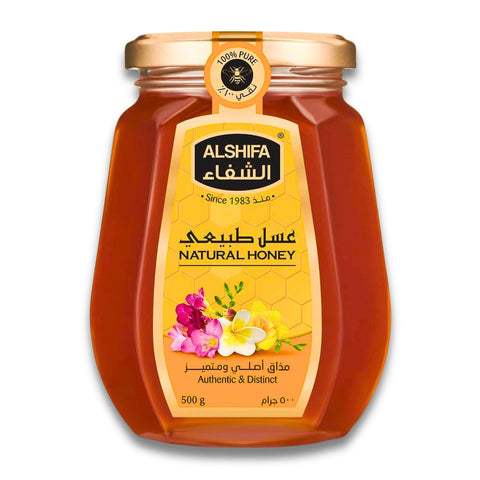 Alshifa Natural Honey – 250g pure organic honey, showcasing its rich golden hue and packaging; ideal for health benefits and culinary uses.