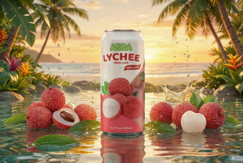 Nutritional AZRA 100% fruit juices in 500ml cans, offering zero sugar beverages for refreshing hydration with a healthy touch.