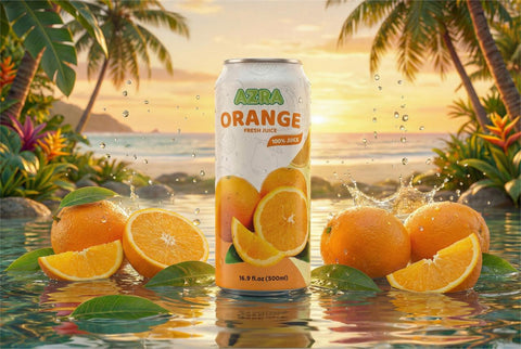 Fun and delicious AZRA 100% organic fruit juices in 500ml cans, focusing on the healthy aspect of zero sugar beverages.