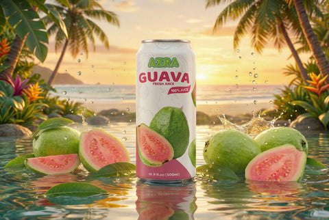 Colorful AZRA 100% juice range in 500ml cans, offering delightful zero sugar beverages for refreshing choices.