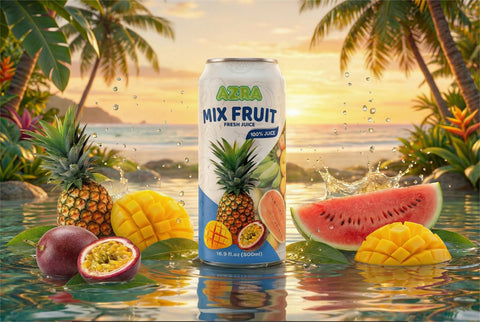 AZRA 100% fresh juice offerings in 500ml cans, ideal zero sugar beverages that provide delicious and healthy choices.