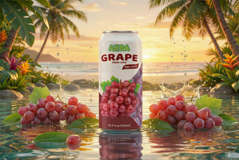 Refreshing selection of AZRA 100% juices in 500ml cans, promoting zero sugar beverages as the perfect healthy drink.