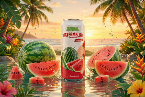 Healthy AZRA 100% organic juices in 500ml cans, emphasizing zero sugar beverages as a refreshing option for hydration.