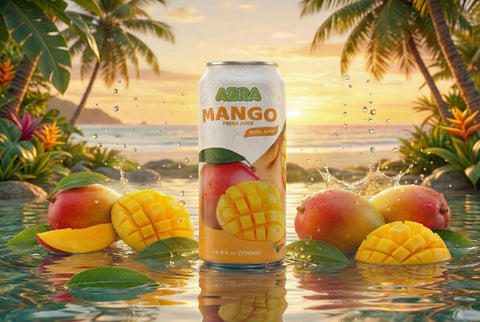 Refreshing AZRA 100% juices in 500ml cans, featuring the delicious range of zero sugar beverages for all ages.