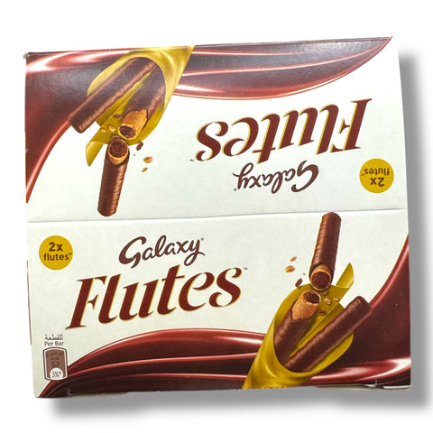 Galaxy Flutes box containing 12 two-piece flutes, featuring a rich chocolate design. A perfect representation of galaxy chocolate snacks, ideal for sharing and indulging.