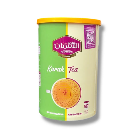 AL SAMMAN Karak Tea with cardamom and saffron displayed in a traditional cup, showcasing the aromatic blend of karak tea with cardamom.