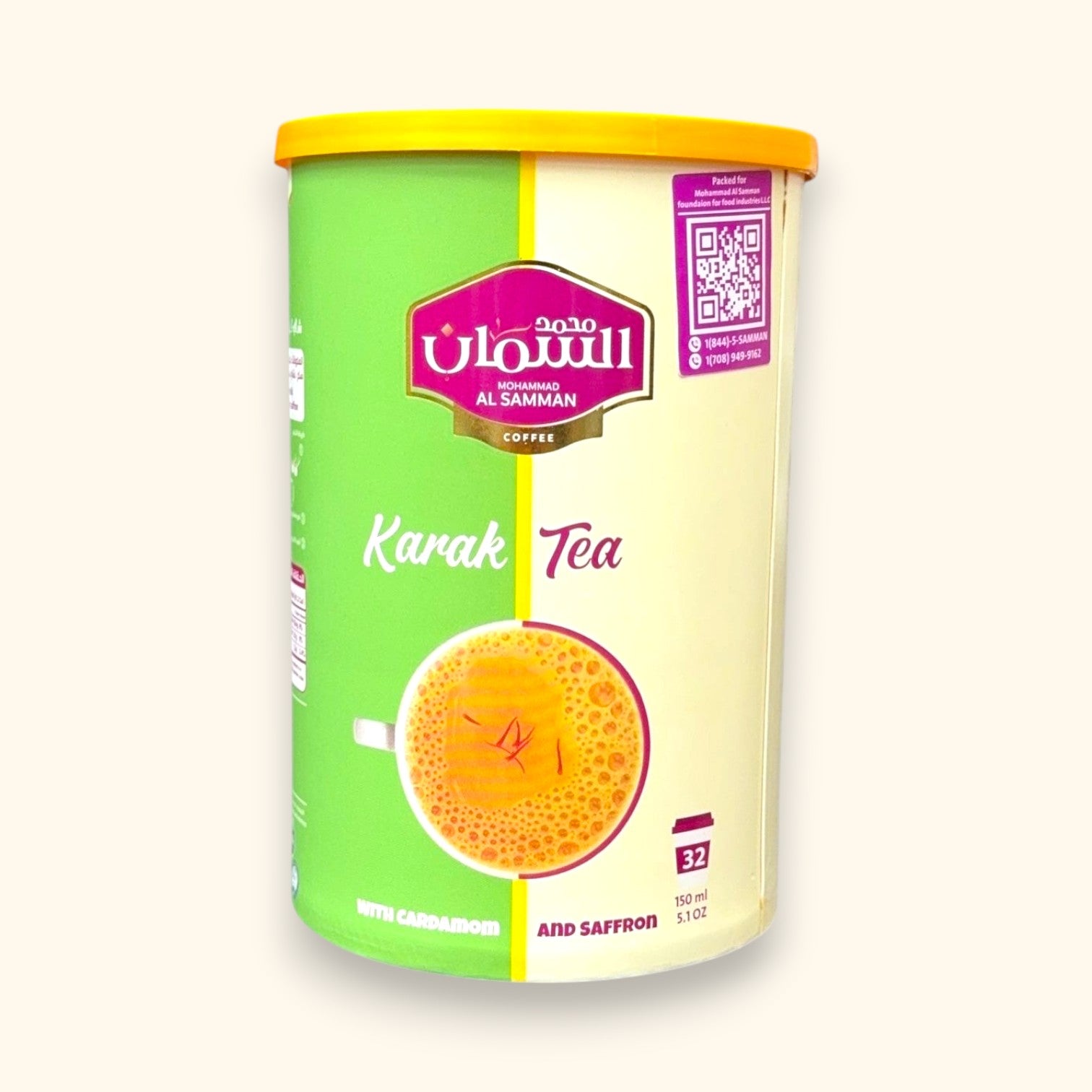 AL SAMMAN Karak Tea with cardamom and saffron displayed in a traditional cup, showcasing the aromatic blend of karak tea with cardamom.