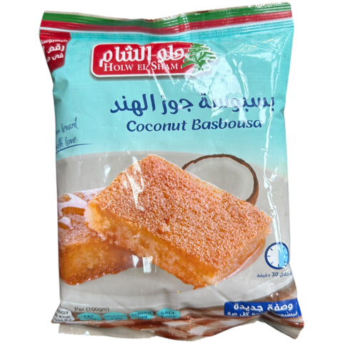 Holw El Sham Coconut Basbousa Mix 380g packaging showcasing the product ideal for making a delicious basbousa dessert mix.