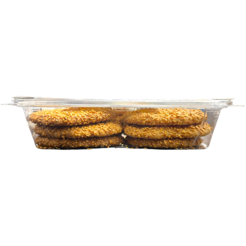 Packaging of Sesame Butter Cookies – Olive Mountain Bakery, highlighting the fresh and delightful cookies inside.