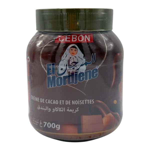 Cebon El Mordjene 700 g Hazelnut Chocolate Spread - CREME DE CACAO ET DE NOISETTES by elmordjene, showcasing the front label of this gourmet chocolate spread.