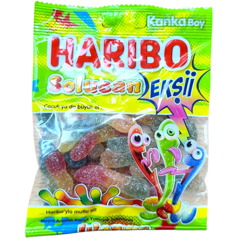 Haribo Solucan Ekşi Sour Worms made with halal beef gelatin, deliciously tangy sour gummy worms.