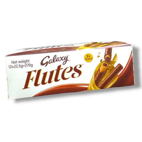 Galaxy Flutes packaging showing a box of 12 flutes, highlighting the product's net weight and chocolate-filled treats. A delicious option among galaxy chocolate snacks.