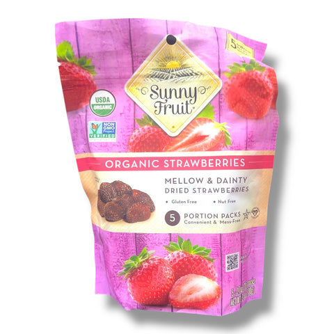 Close-up image of organic dried strawberries from Sunny Fruit, showcasing the texture and natural color of organic dried strawberries.