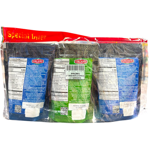 Close-up of PROMO – 2 Mixed Nuts & Kernels + 1 Super Extra Nuts highlighting the super extra nuts variety available.