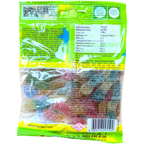 Haribo Solucan Ekşi Sour Worms featuring flavorful sour gummy worms, crafted with halal beef gelatin for a tasty treat.