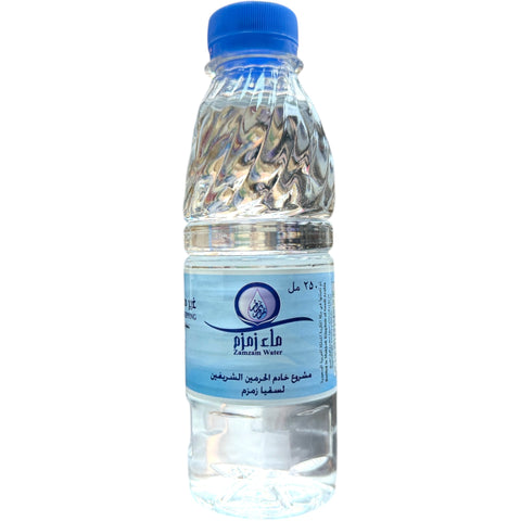 Zamzam Water 250 ml packaging featuring a sleek design, emphasizing purity and quality.