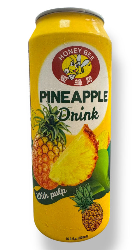 Honey Bee Pineapple Drink With Pulp is a refreshing beverage featuring chunks of pineapple, perfect for a tropical experience.
