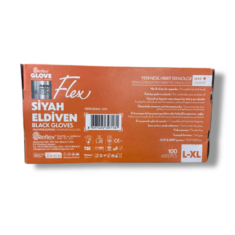 Close-up view of Flex BLACK GLOVES (L,XL) -100 PCS- emphasizing flexibility and durability.