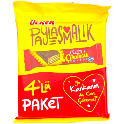Ülker Paylaşmalık Chocolate Wafer Multipack 144 g featuring 4 individual packs of 36 g each, perfect for snack chocolate wafer lovers.