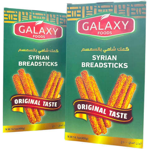 Galaxy Foods Syrian Breadsticks packaging – 400g, featuring sesame-flavored Syrian breadsticks perfect for appetizers or snacks.