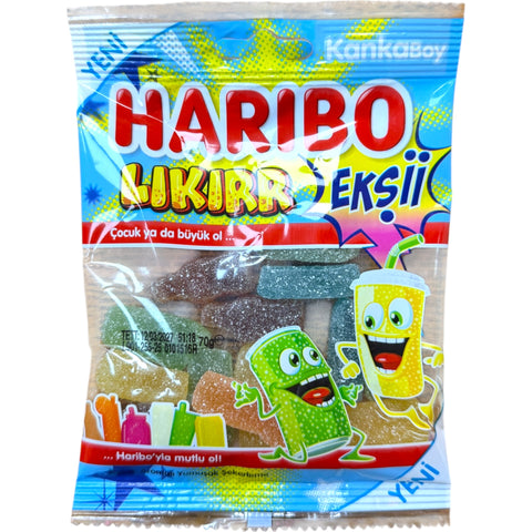 Haribo Ekşi Likör (Sour Liquorice Gummies) in a blue pack, featuring sour flavors and made with halal beef gelatin.