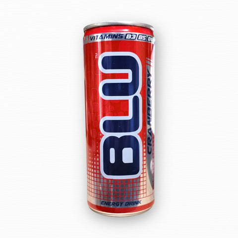 BLU Energy drink, cranberry in a 250ml can, a refreshing energy beverage designed to elevate your day with a smooth and light flavor.