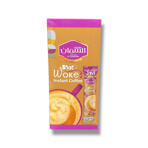Al Samman Shot Woke Instant Coffee - 3IN1 packaging featuring a convenient instant coffee mix for a quick caffeine fix.