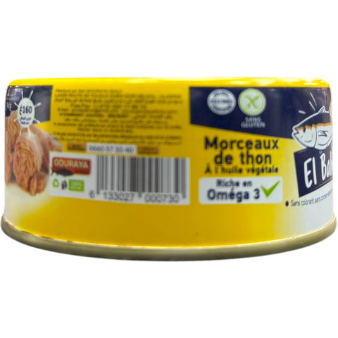 El Bahri Tuna in Vegetable Oil – 160g can with nutritional information and branding details.