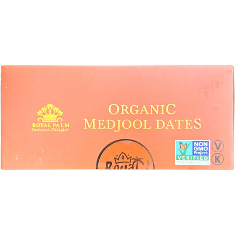 Premium Organic Medjool Dates 2 lbs | Royal Palm package displaying the health benefits of medjool dates.