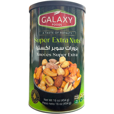 Galaxy Foods Super Extra Mixed Nuts – 16 oz (454g) package showcasing a variety of healthy snack nuts for nutritious snacking.