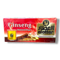 Alattar Ginsen Cinnamon & Ginger Herbal Tea Bags packaging, featuring a vibrant red design, images of cinnamon sticks, ginger root, and a ginseng root, alongside a glass of brewed tea. Ideal for boosting energy and aiding digestion.