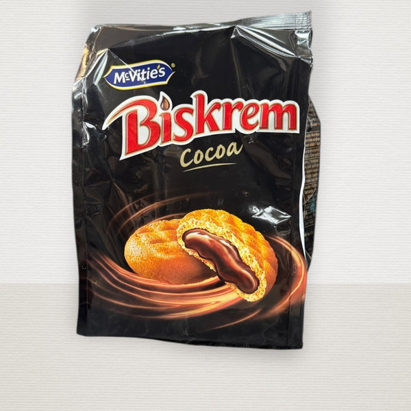 McVities Biskrem CoCoa, a premium cocoa cream biscuits treat, featuring a delicate biscuit shell filled with a rich cocoa cream, ideal for snack lovers.