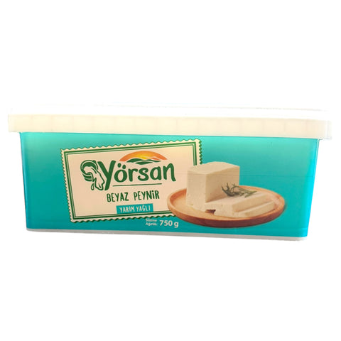 Yorsan Half Fat White Cheese 750g packaging showcasing its nutritional details and brand logo.