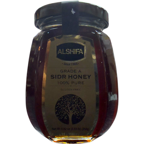 Alshifa Sidr Honey – 250g jar showcasing its rich color and natural texture, perfect for enhancing your diet.