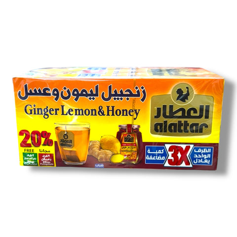 Alattar Ginger Lemon and Honey tea bags packaging showcasing a glass of tea, ginger root, and lemon with promotional text highlighting a 20% discount and a message about triple strength.
