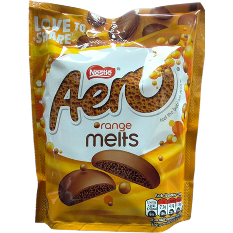 Nestlé Aero Orange Melts packaging showcasing delicious aero orange chocolate with a rich, creamy texture.