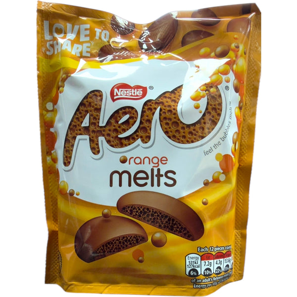 Nestlé Aero Orange Melts packaging showcasing delicious aero orange chocolate with a rich, creamy texture.