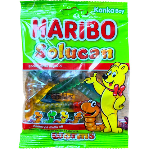 Haribo Solucan Classic Worms - Gummy worms candy made with halal beef gelatin, colorful and chewy sweets.