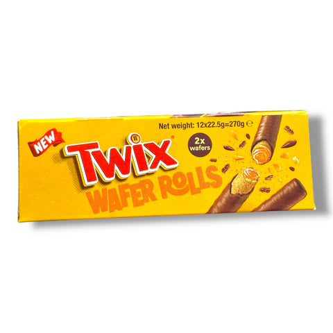 TWIX WAFER BOX - ROLLS 12x2rolls featuring the side view of the box, indicating net weight and containing two wafers in each pack.