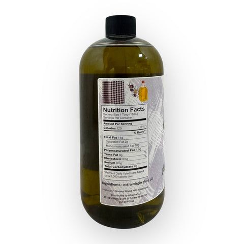 Label of Palestinian Extra Virgin Olive Oil, emphasizing its premium quality olive oil and health benefits.