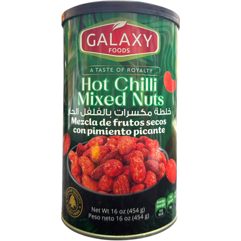 Galaxy Foods Hot Chili Mixed Nuts – 16 oz (454g) package showcasing the spicy flavor of hot chili mixed nuts.