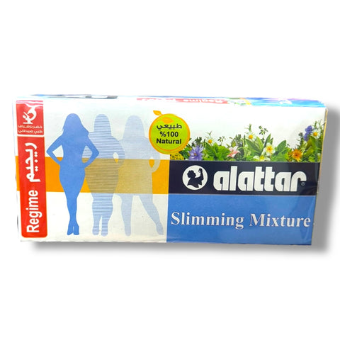 Alattar Slimming Herbal Mixture packaging featuring vibrant graphics, indicating a natural weight loss blend. The box showcases silhouettes representing body slimming, labeled as '100% Natural' and 'Slimming Mixture' on a visually appealing design. Perfect for health-conscious consumers seeking effective weight management solutions.
