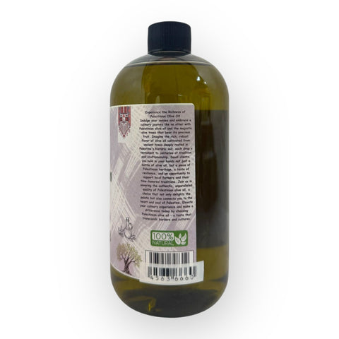 Palestinian Extra Virgin Olive Oil 500ML with fresh vegetables, showcasing the premium quality olive oil for healthy cooking.