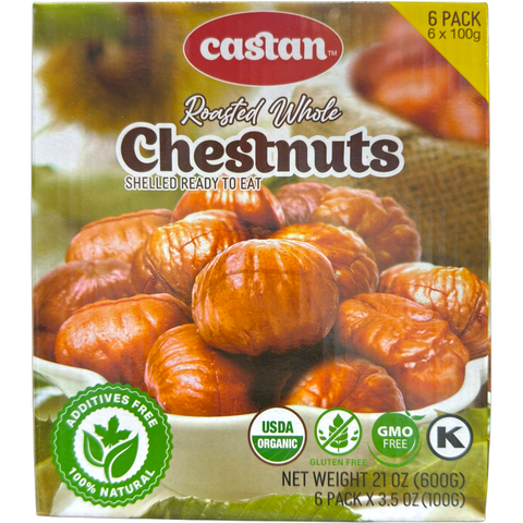 Castan Roasted whole chestnuts shelled ready to eat - 6pack 100g, perfect roasted chestnuts snack for any occasion.