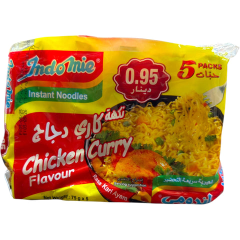 Indomie Chicken Curry Flavour – 5 Packs featuring a vibrant packaging and delicious curry noodle background.