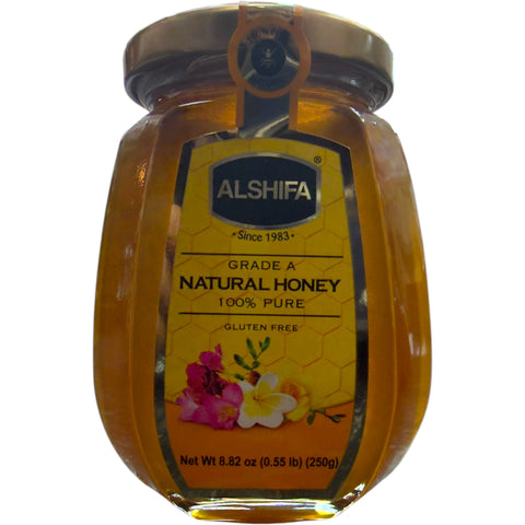 Alshifa Natural Honey – 250g jar showcasing the premium quality and natural sweetness of pure honey from ALBASHA Store.