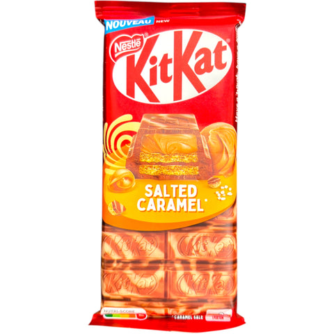 Nestlé KitKat Salted Caramel Chocolate Wafer Bar 99 g featuring a delicious combination of crispy wafers and salted caramel chocolate.
