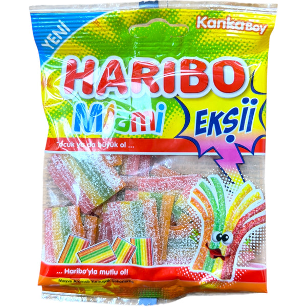 Haribo Mani Ekşi Sour Rainbow Strips made with halal beef gelatin, colorful and tangy candy strips ideal for a sweet treat.