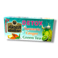 Alattar Detox Tea Bags featuring a vibrant packaging design showcasing 'Detox Turmeric Ginger Green Tea' with a graphic of a refreshing beverage and ingredients including turmeric and ginger, highlighting its health benefits.