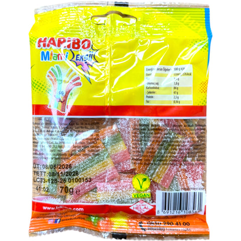 Close-up of Haribo Mani Ekşi Sour Rainbow Strips showcasing vibrant colors and texture, featuring halal beef gelatin for a delicious chewy candy experience.